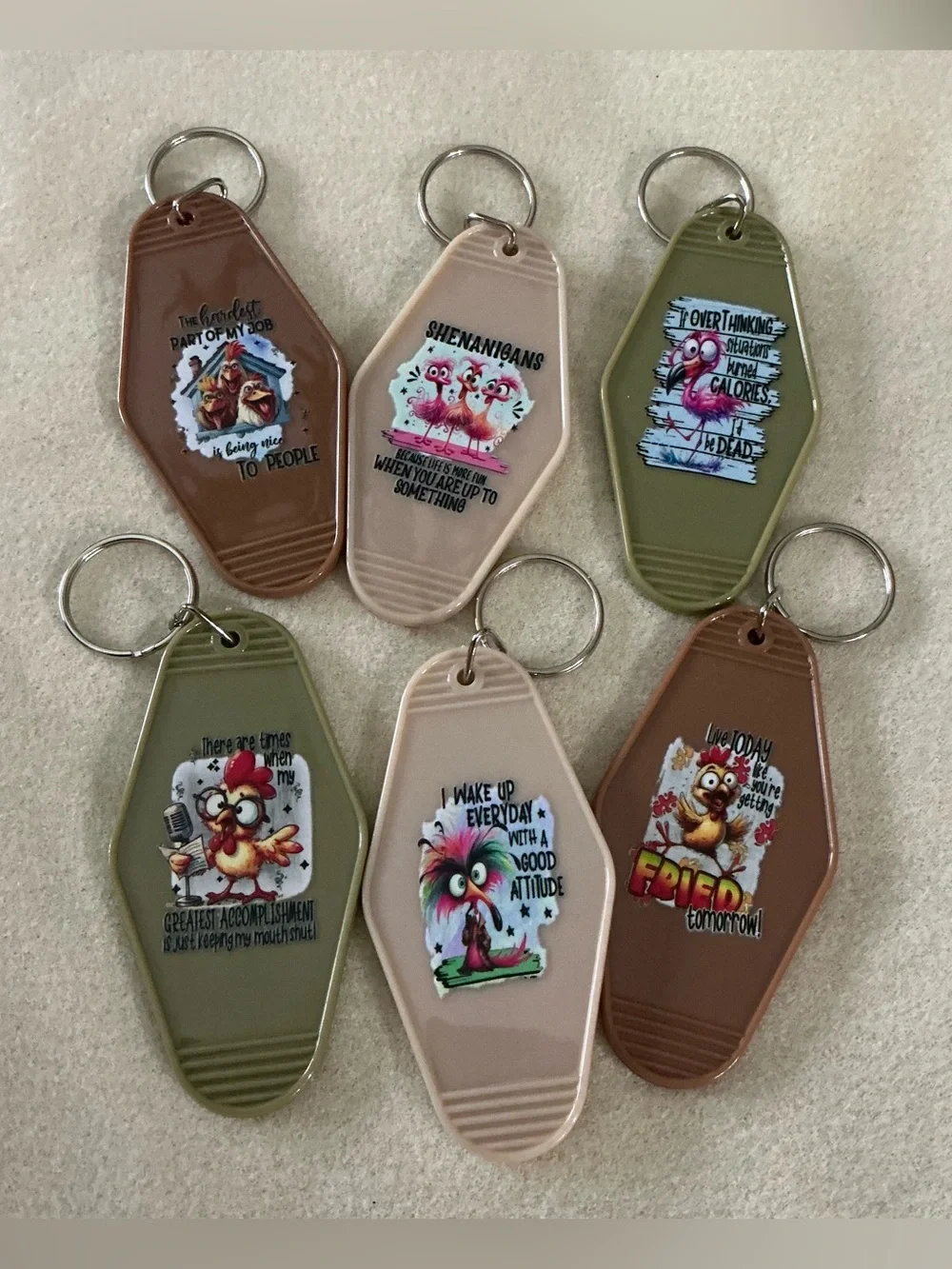 Novelty Keychain Set - Brown, Olive & Cream set of 6